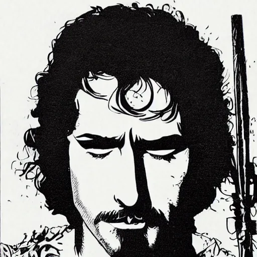 Image similar to pen and ink!!!! attractive 22 year old deus ex Frank Zappa x Ryan Gosling golden!!!! Vagabond!!!! floating magic swordsman!!!! glides through a beautiful battlefield magic the gathering dramatic esoteric!!!!!! pen and ink!!!!! illustrated in high detail!!!!!!!! by Hiroya Oku!!!!!!!!! Written by Wes Anderson graphic novel!!!!!!! published on Cartoon Network MTG!!! 2049 award winning!!!! full body portrait!!!!! action exposition manga panel