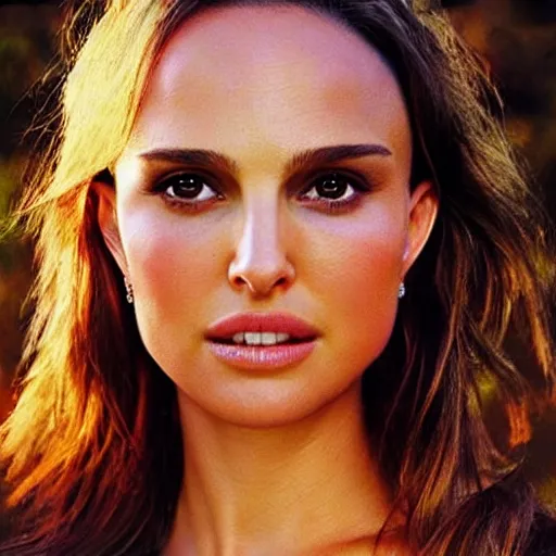 Image similar to “Natalie Portman, beautiful, golden hour, golden filter, sunset on the background, sharp focus, hyperrealistic masterpiece professionally post-processed smooth ultradetailed digital airbrush painting”