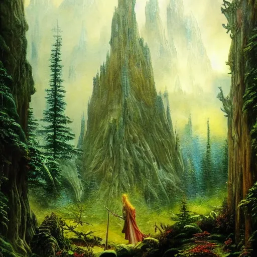 Prompt: a beautiful and highly detailed epic oil painting of an elven temple deep in the misty mountains, valley of dreams, tall trees, ancient runes, intricate details, epic scale, insanely complex, 8 k, sharp focus, hyperrealism, fantasy landscape, psychedelic, by caspar friedrich, brian froud, albert bierstadt,