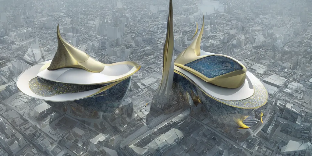 Image similar to mosque floating spaceship by zaha hadid, golds fantasy world