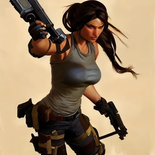 Prompt: greg manchess portrait painting of fully armored lara croft as overwatch character, medium shot, asymmetrical, profile picture, organic painting, sunny day, matte painting, bold shapes, hard edges, street art, trending on artstation, by huang guangjian and gil elvgren and sachin teng