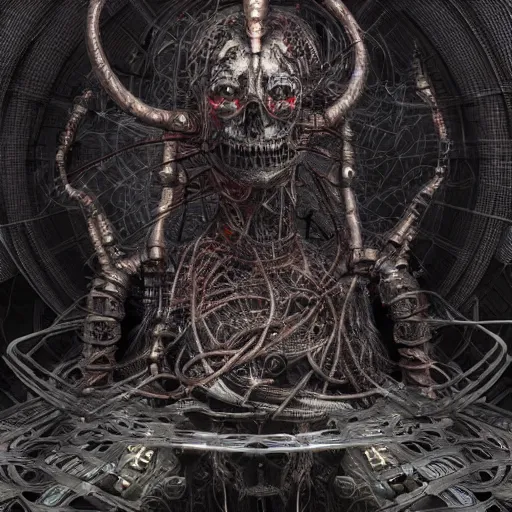 Prompt: cybernetic demon dreaming with its networked mind, lsd, circuitry, intricate detail, royo, whealan, giger, klimt, hd, octane render, unreal engine,