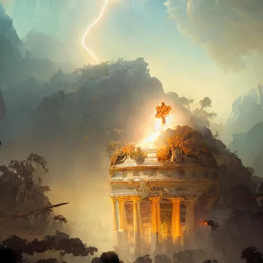 Image similar to Bright explosive Birth of Athena from the head of lightning god Zeus, hyperrealism, no blur, 4k resolution, ultra detailed, style of Tyler Edlin, Carl Spitzweg ,Dragan Bibin , Peter Mohrbacher, Ismail Inceoglu