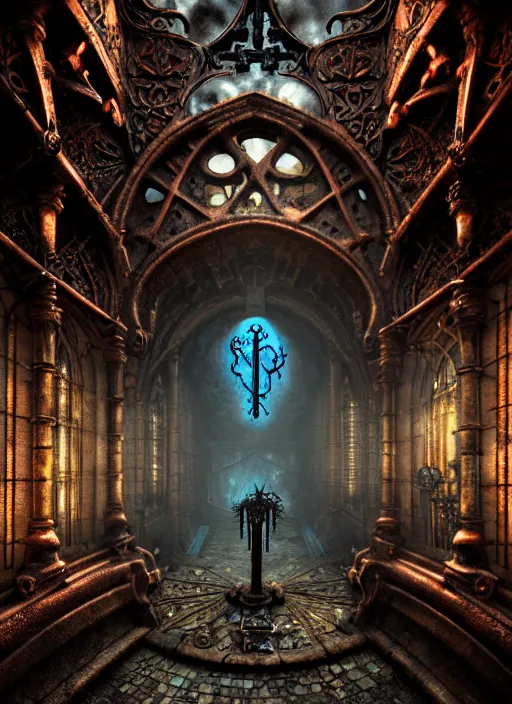 Image similar to steam necropolis, memento mori, gothic, neo - gothic, art nouveau, hyperdetailed copper patina medieval icon, stefan morrell, philippe druillet, ralph mcquarrie, concept art, steampunk, unreal engine, detailed intricate environment, octane render, moody atmospherics, volumetric lighting, ultrasharp, ominous, otherworldly