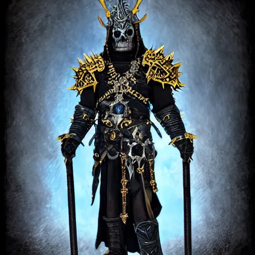 Image similar to lich king wearing black and gold armor with skulls and chains, holding a two handed sword with golden handle, wearing spiky helmet with mask