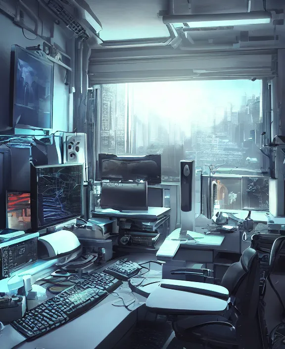 Image similar to artstation scifi scene of a complex computer workstation in a small studio apartment room, many monitors, many electronics, a window view, very detailed, maximalism, ambient occlusion, volumetric light, sun beam, atmospheric haze, unreal engine, hyper realism, realistic shading, cinematic composition, realistic render, octane render, detailed textures, photorealistic, wide shot