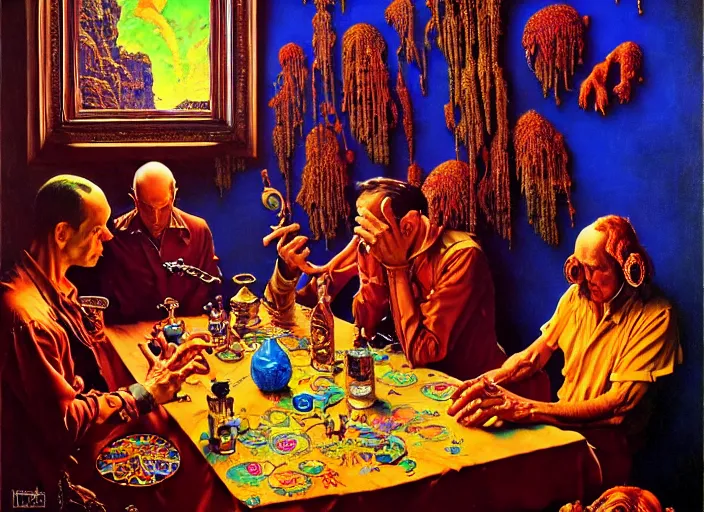 Prompt: don juan's psychedelic trip in the 1 2 th dimension turned inside out of being, extremely high details quality, norman rockwell, viktor safonkin, dariusz zawadzki, bruce pennington, larry elmore, intricate details, hyperrealistic oil painting on canvas, deep depth field, hd, hdr, 4 k, 8 k