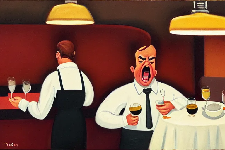 Image similar to a grumpy busser in a restaurant yells at the owner, art by dean macadam