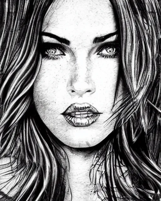 Image similar to tattoo sketch of megan fox face mash up with beautiful mountains, in the style of dan mountford, double exposure, hyper realistic, amazing detail, black and white