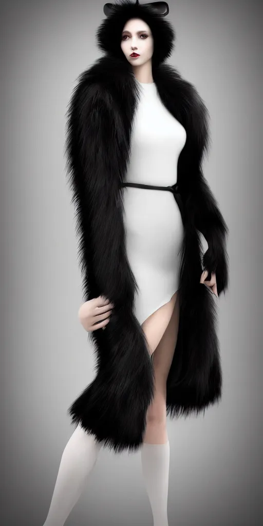 Prompt: full body aesthetic digital illustration of a beautiful young woman wearing a black fur coat standing in a white room, by wlop and Julia Razumova, realistic, photorealistic, hyperrealistic, unreal engine, cosplay, octane, deviantArt, trending on artstation, artstation HQ