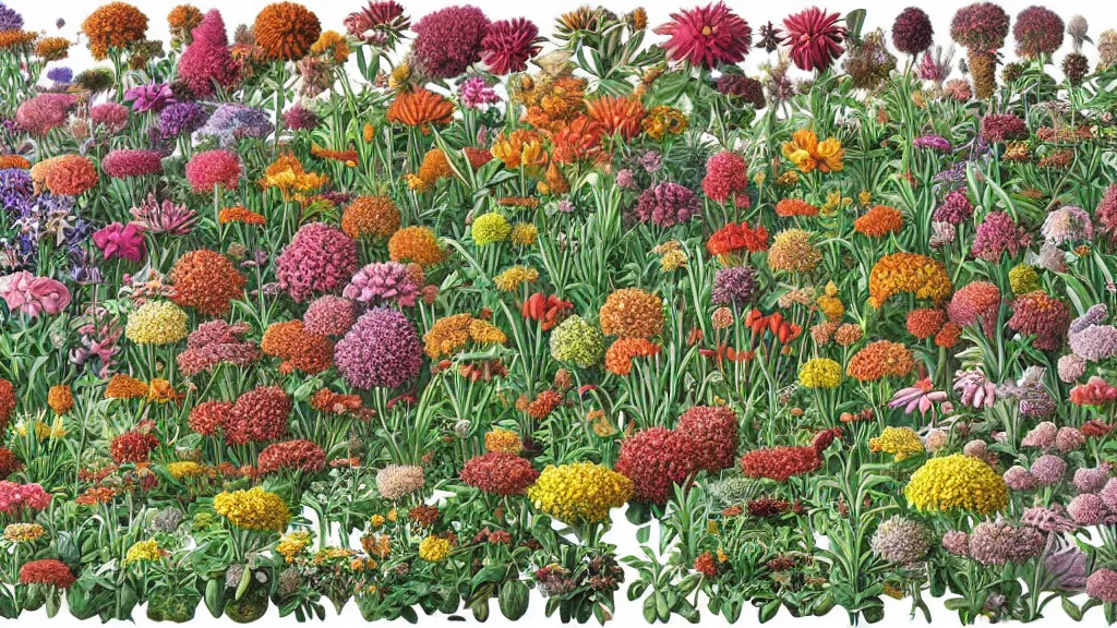 Prompt: highly detailed render of all the known species of plants and flowers by juan gatti, by moebius!, by oliver vernon