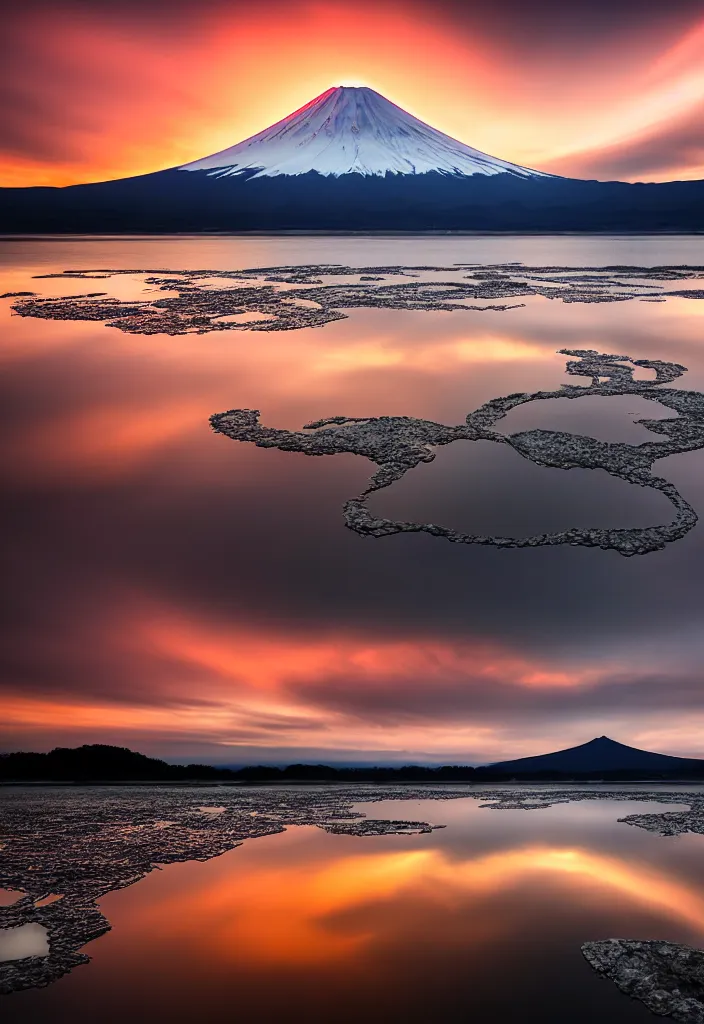 Image similar to clouds curling around mount fuji reflected on the lake surface at sunset, national geographic award - winning landscape photography