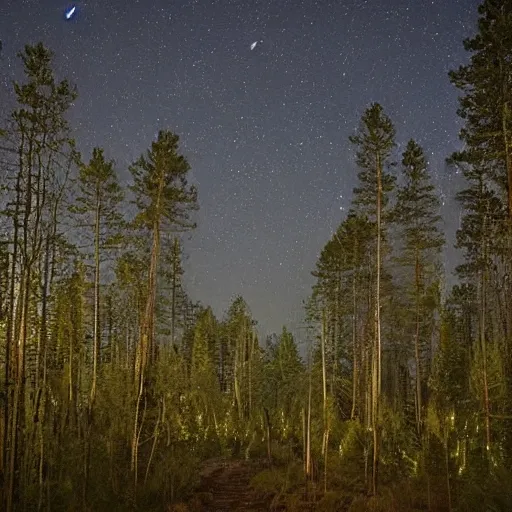 Image similar to wrought silver forest under a moonlit star filled sky filled with fireflies