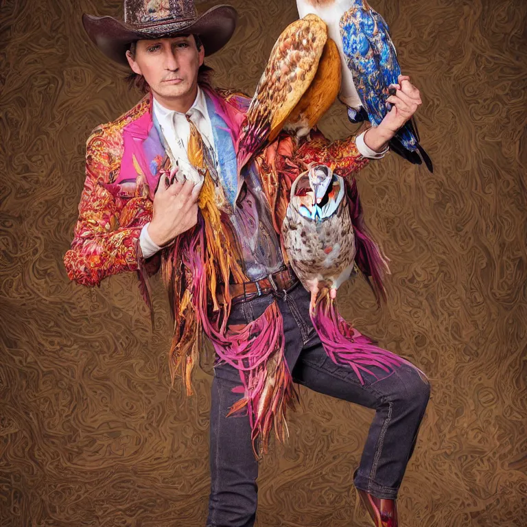 Image similar to high fashion photoshoot octane render portrait by wayne barlow and carlo crivelli and glenn fabry, a distinguished psychedelic cowboy wearing a colorful wes anderson designed cowboy costume and holding a barn owl inside a high - end exotic colorful pastel vintage boutique hotel lounge, very short depth of field, bokeh