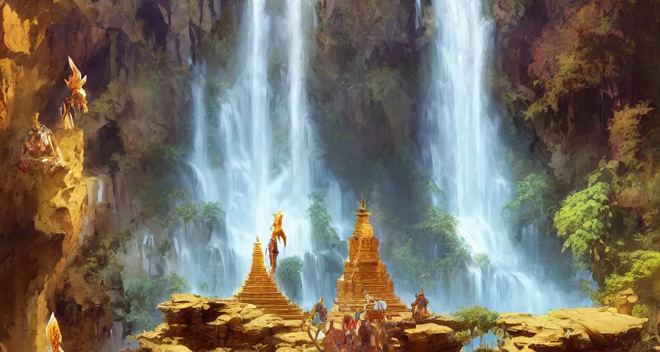 Prompt: A beautiful digital painting aztek temple, waterfall, lovely valley by Stanley Artgerm Lau, frank frazetta, Rossdraws, James Jean, gerald brom, Andrei Riabovitchev, Marc Simonetti, and Sakimichan, trending on artstation