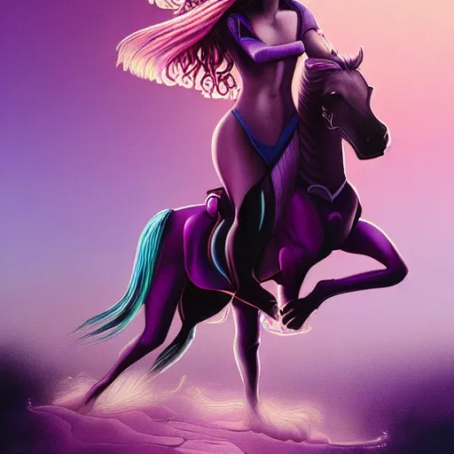 Prompt: painting of a very beautiful woman riding a centaur,, and a purple coloured leather jacket, one side haircut, long brown hair with light blue ends, portrait, hyperdetailed, artstation, cgsociety, synthwave by tangerine dream, by jean - michel jarre, by vangelis, by john carpenter