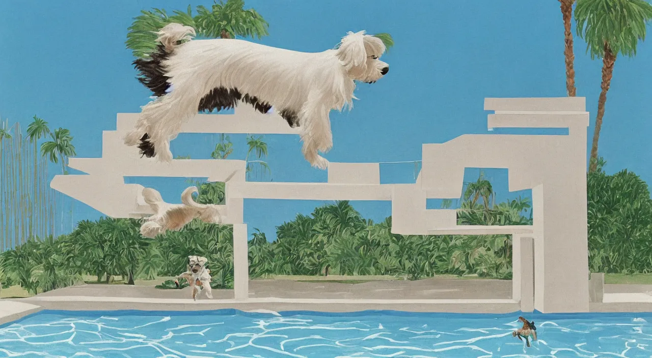 Prompt: medium shot of one cream colored havanese dog jumping from a diving board at a pool at a mid century modern house in palm springs by david hockney