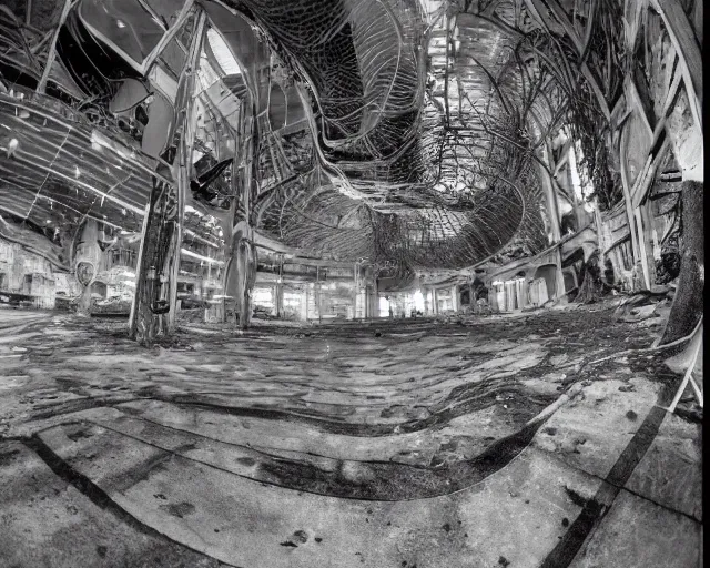 Image similar to camera footage of a giant Python in an abandoned shopping mall, high exposure, dark, monochrome, camera, grainy, CCTV, security camera footage, timestamp, zoomed in, fish-eye lense, snake,