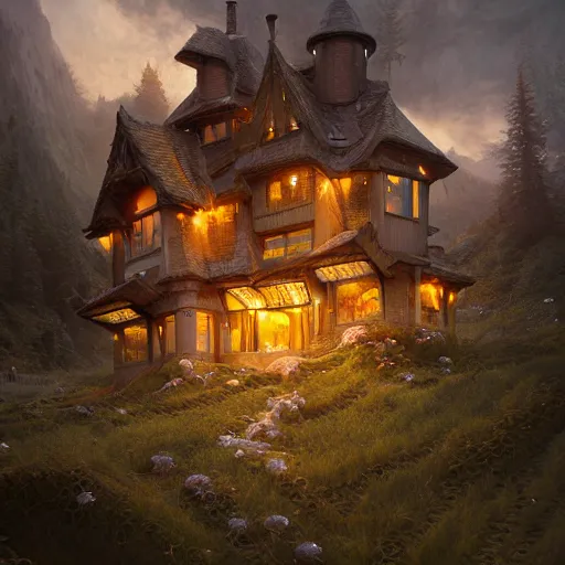 Image similar to small hillside house made of honey and milk, modern lighting, hyper - realistic, hyper - detailed, 8 k, octane rendered, art nouveau, organic, flowing, impossible torsion, writhing, dusk, lush, dynamic, in the style of ross tran and jean baptiste monge