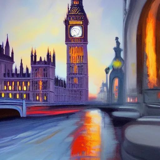 Image similar to detailed, soft, dynamic painting of the Big Ben on fire, professional painting, at dusk