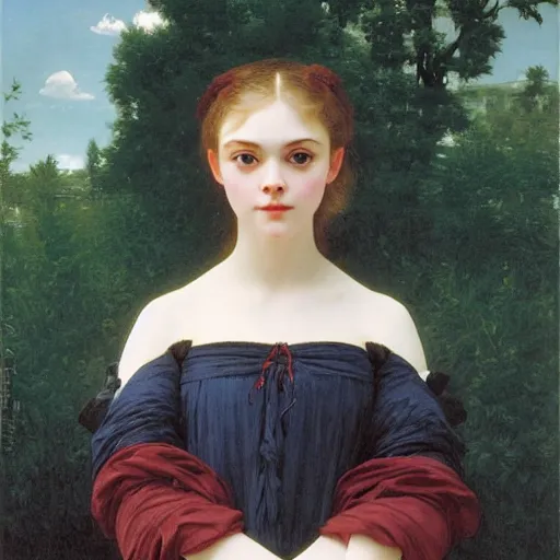 Image similar to A masterpiece head and shoulders portrait of Elle Fanning by William Adolphe Bouguereau and Junji Ito