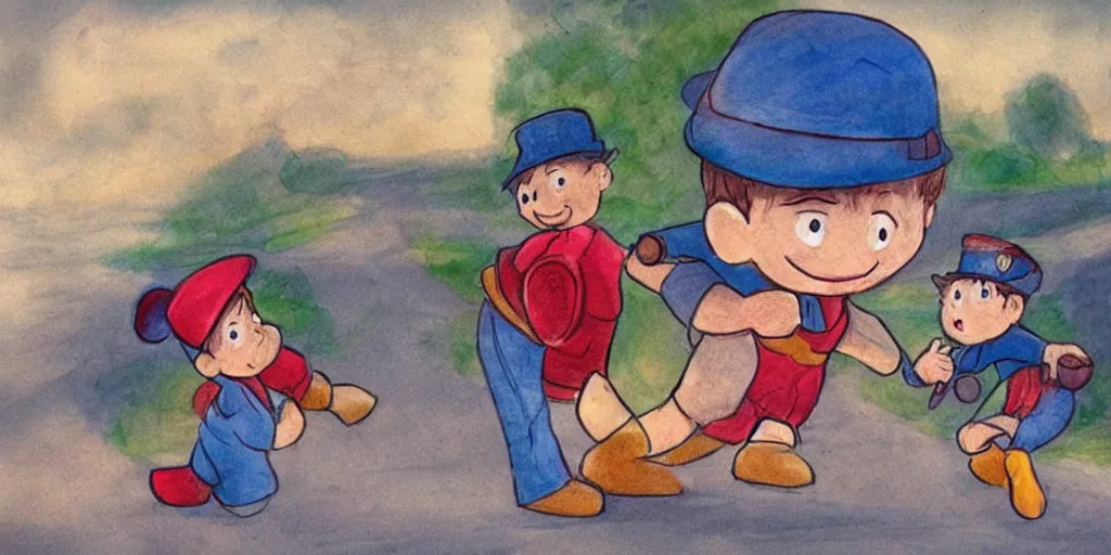 Image similar to A little boy in a hat drawn in the style of realism tells a story to his sister in the style of Disney that he saw a man on the moon who puts photos of fallen Marvel heroes of the Soviet Union on the roads, art 4k