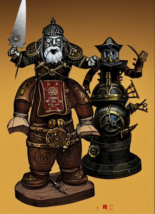 Prompt: an old dwarf musketeer and his large clockwork robot companion, golem, steampunk, ming dynasty, chinese fantasy, reasonable fantasy, realistic, detailed, tabletop rpg, ghostblade, wlop.