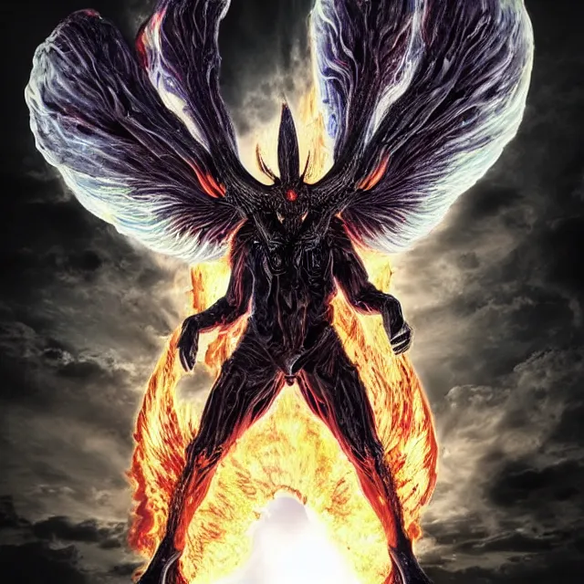 Image similar to a demon with huge nacreous fire wings, standing in shadows of the cosmic glowing sun behind, realistic horrors, cosmic dark vibes evil incarnate, photo pic by hyperrealism