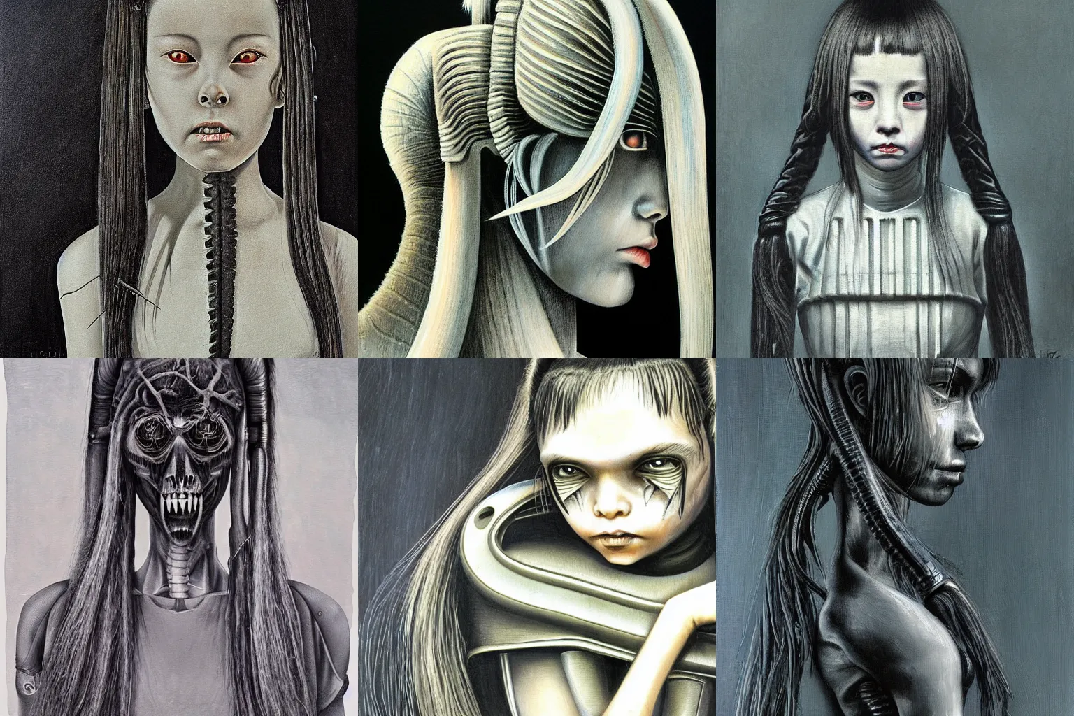 Prompt: a detailed grey horror sci-fi painting of a japanese school girl with long twin pony-tails, by H. R. giger