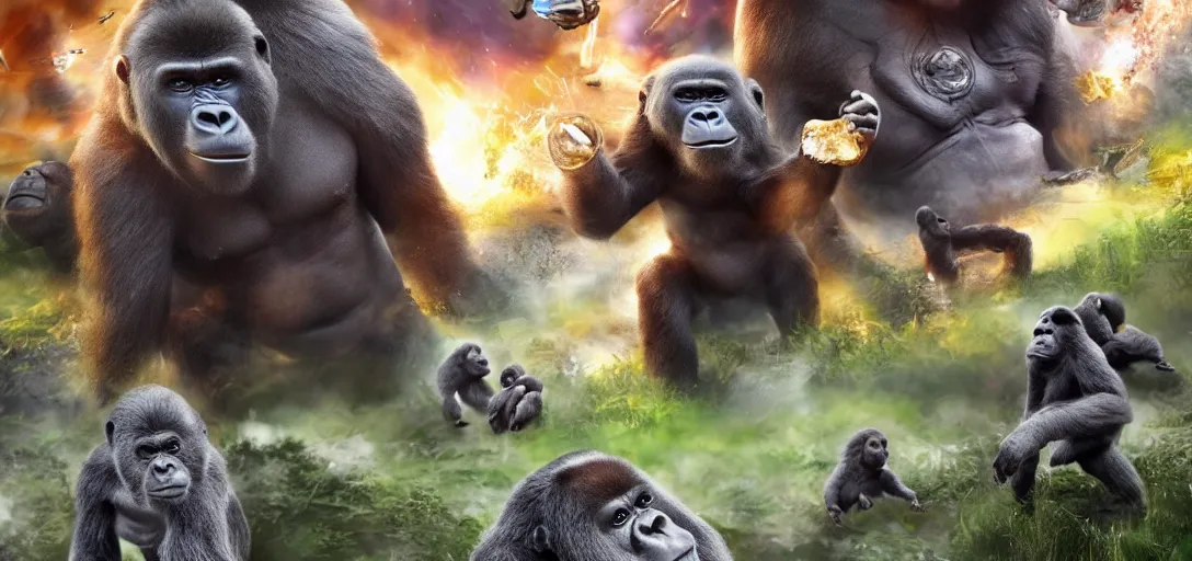 Image similar to intergalactic hotdog battlecruisers are attacking peaceful gorilla families in the city park planitary defense systems are active daytime beautiful, families running in fear for their lives, hyper realistic, high definition, highly detailed