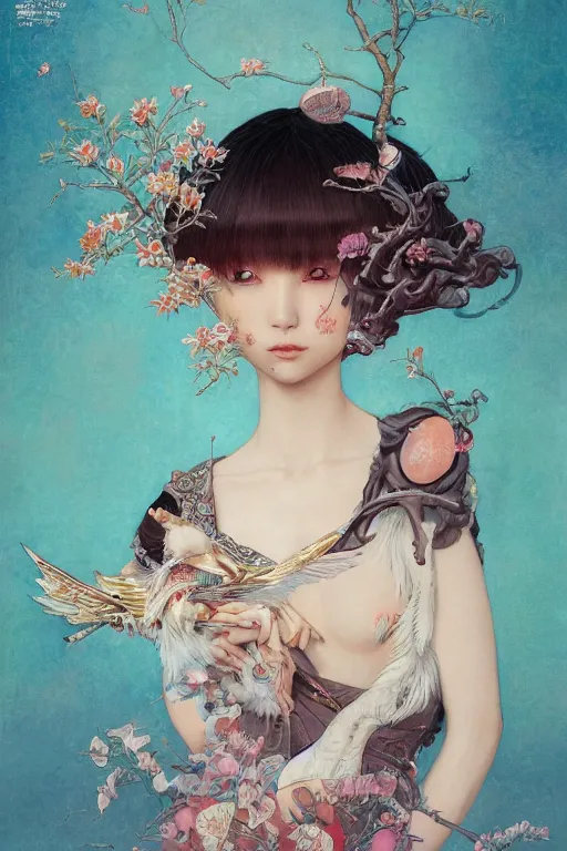 Prompt: a cover of japanese art portrait of a cute girl magazine about animal creatures bio by illustrated by miyazaki by karol bak, james jean, tom bagshaw, rococo, sharp focus, trending on artstation, cinematic lighting, hyper realism, octane render, 8 k, hyper detailed, vivid, ultra detailed, highly detailed