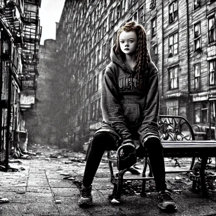 Image similar to mid shot of sadie sink in hoodie sits on bench in ruined square, pedestrians walk by | steampunk tenement windows in background : storyboard, scifi cyberpunk. by gabriel hardman. cinematic atmosphere, detailed and intricate, perfect anatomy