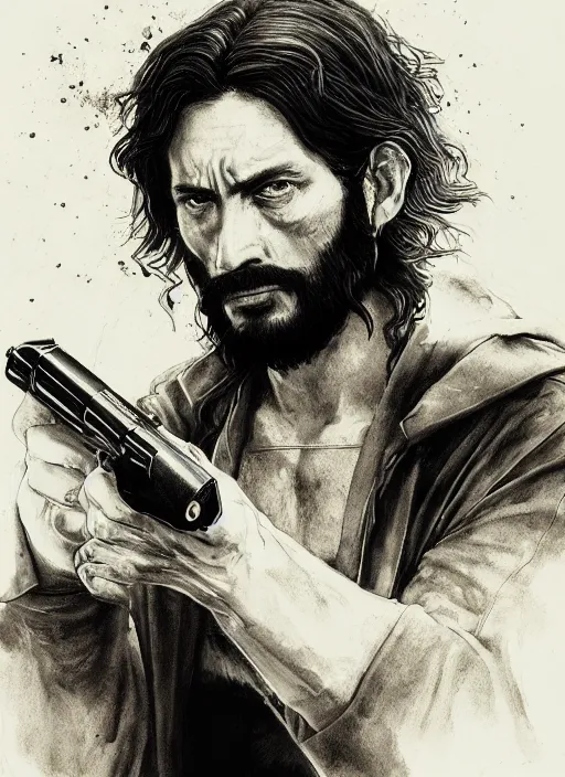 Image similar to portrait, Jesus as a cop in an 80s action movie, watercolor, dramatic lighting, cinematic, establishing shot, extremely high detail, foto realistic, cinematic lighting, pen and ink, intricate line drawings, by Yoshitaka Amano, Ruan Jia, Kentaro Miura, Artgerm, post processed, concept art, artstation, matte painting, style by eddie mendoza, raphael lacoste, alex ross