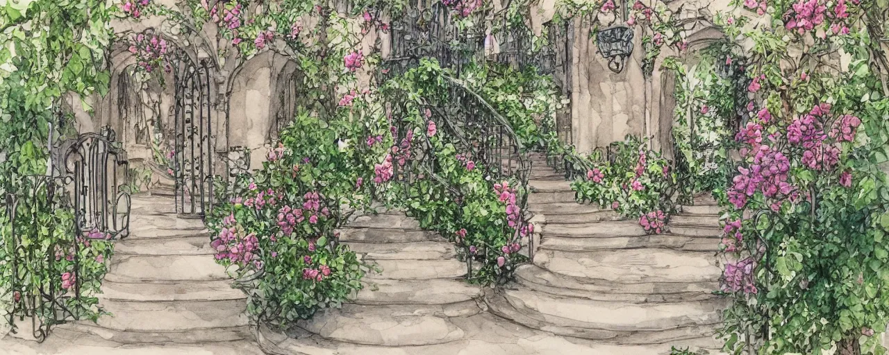 Image similar to huge flower, courtyard walkway, castle, stairway, chairs, wrought iron, gate, tree, delicate, botanic garden, road, botanical herbarium paper, watercolor colored painting, iridescent colors, 8 k, realistic shaded, fine details, artstation, italian style, colonnade