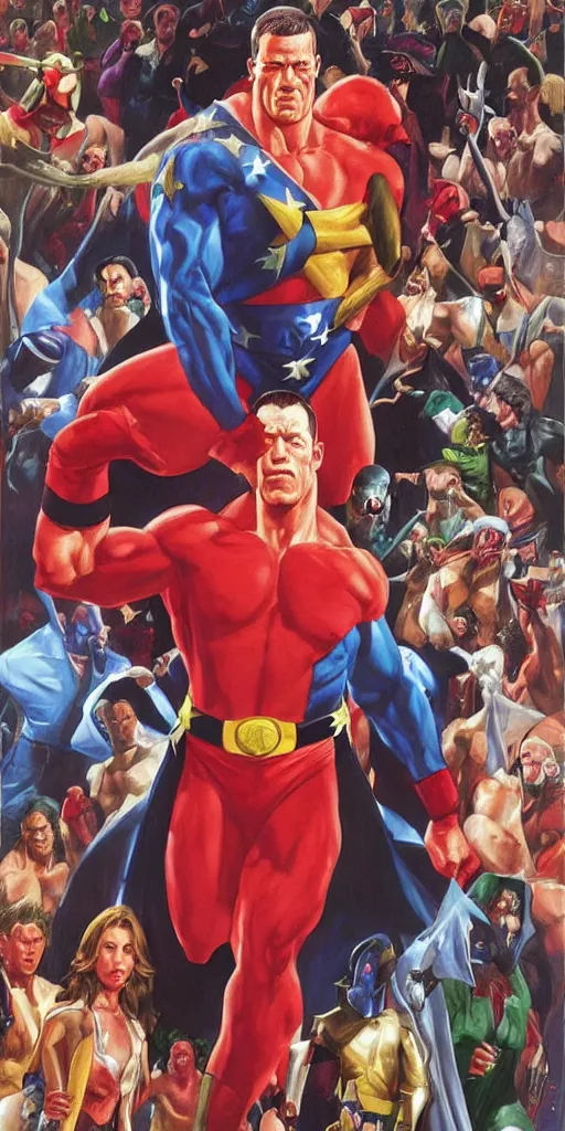 Prompt: A Kingdom Come cover featuring John Cena as PeaceMaker by Alex Ross, oil painting