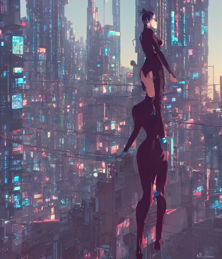 Image similar to a girl stands on top of a multi-storey building, anime style, 4k, cyberpunk city in the background, HD, artstation, very detailed, by Ilya Kuvshinov