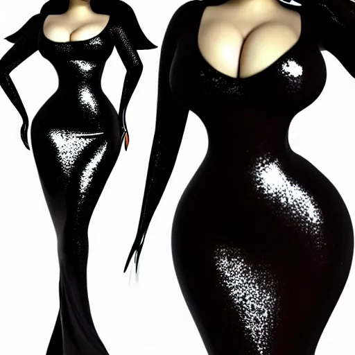 Image similar to curvy feminine hot goth cutie in a sublime elegant polished sequined black latex neck-high or tube-top floor length gown with red trim, thin waist, cgsociety, photorealistic, comfy ambience, idealistic, 16k, smooth, sharp focus, trending on ArtStation, volumetric lighting, fully clothed, worksafe