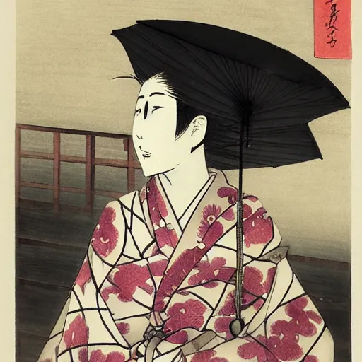 Prompt: a woman in a kimono holding an umbrella, an anime drawing by Kaburagi Kiyokata, featured on pixiv, shin hanga, hellish background, pixiv, official art