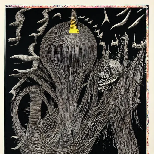 Prompt: empty dark black void, extremely detailed intricate masterpiece by dr. seuss and max ernst