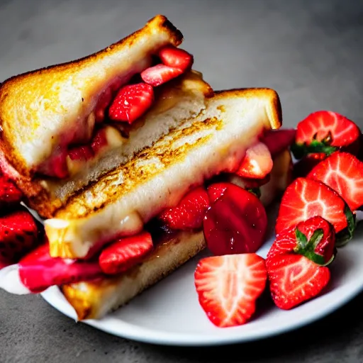 Image similar to a 5 0 mm macro shot of a grilled cheese sandwich with bananas and strawberries