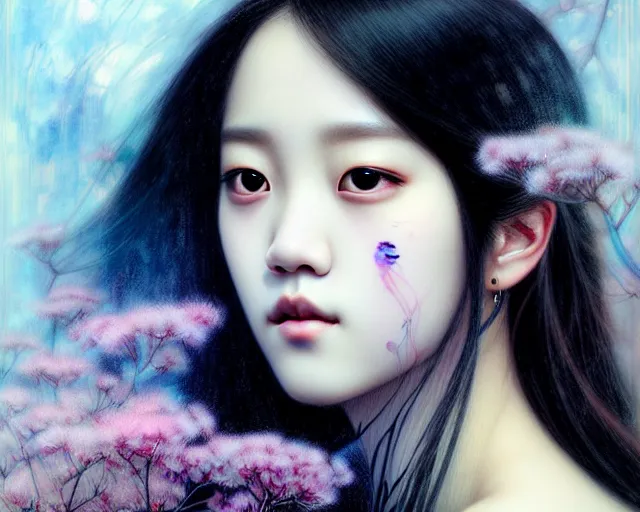 Image similar to jisoo from blackpink, portrait, tarot card, hyperrealistic, highly detailed, deep focus, intricate, elegant, digital painting, smooth, sharp focus, illustration, ultra realistic, 8 k, art by karol bak and agnes cecile