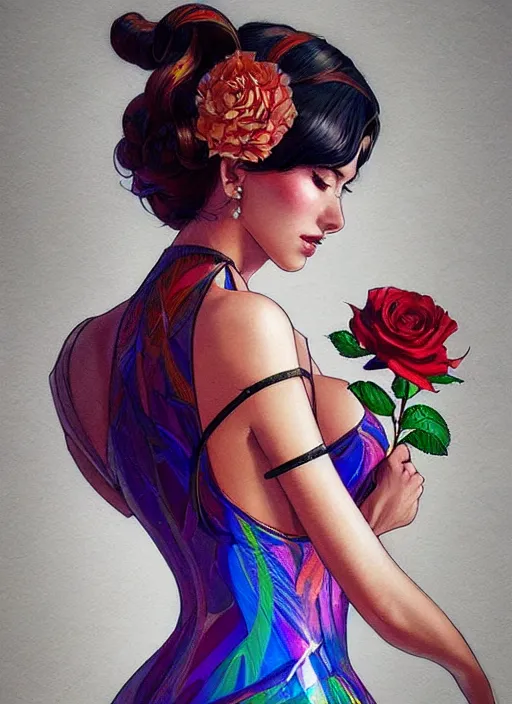 Prompt: beautiful woman wearing a dress made from stained prismatic glass in the design of a rose. painting by artgerm and greg rutkowski and ilya kuvshinov paul lerh