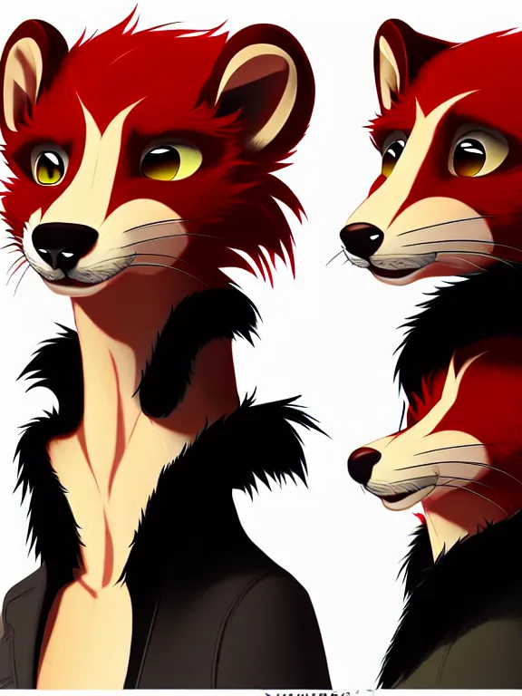 Image similar to furry - male - red - black - weasel - detective - fursona uhd ue 5 visual novel expressions, photorealistic, trending on weasyl