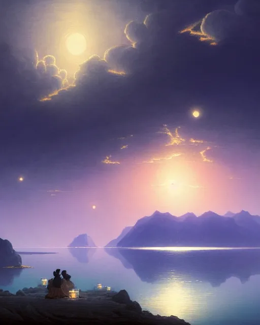 Prompt: a hyper realistic matte painting of the lake lake full of river lanterns, distant mountains, night sky ， clouds, by ohara koson and ivan aivazovsky and stephan martiniere, heavenly lighting, retrowave, 4 k hd wallpaper