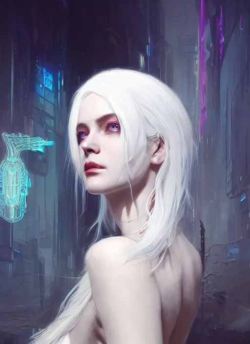 Prompt: a beautiful white haired sorceress, intricate, elegant, highly detailed, digital painting, artstation, concept art, smooth, sharp focus, cyberpunk darksynth, illuminated lines, enchanted magic, vaporware, dark smoky background, ethereal, misty, 8 k, by ruan jia and ilya kuvshinov and jeremy mann and alphonse mucha