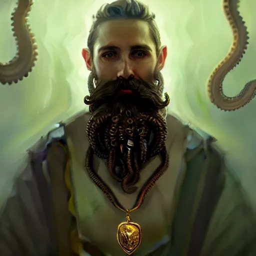 Image similar to A portrait of a cleric of Cthulu with short dark hair and a trimmed beard, he wears a cubic sandstone pendent around his neck, as dark magic emanates from his necklace tentacles spur from the water, digital art by Ruan Jia