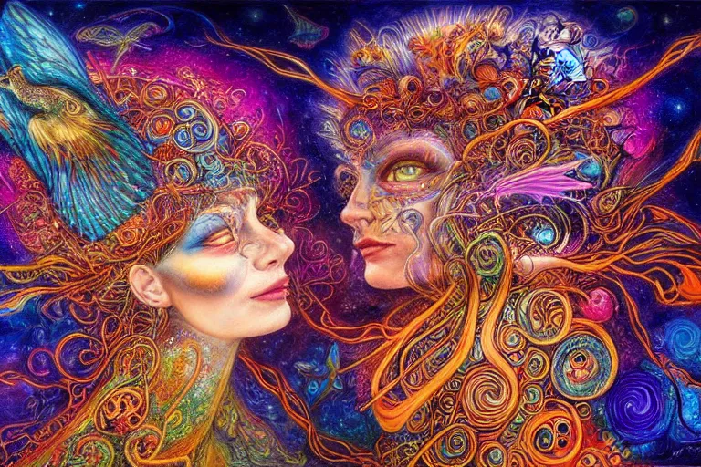 Image similar to two psychedelic shamans intertwined in a cosmic entanglement by Josephine Wall and Daniel Merriam, Artstation