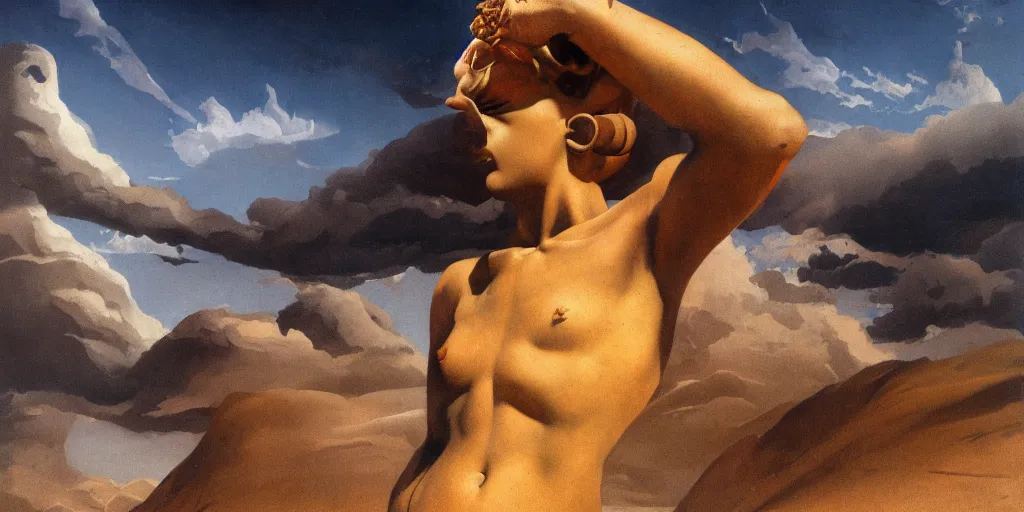 Image similar to solitude of beautiful Sand Deity, under surreal catastrophic sky, in the style of Frank Frazetta, Jeff Easley, Caravaggio, extremely clear and coherent, clear lines, 8K resolution