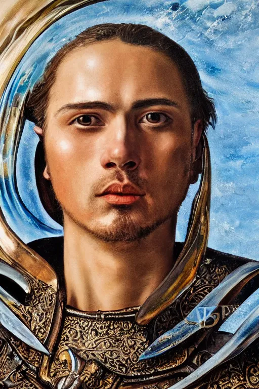 Image similar to hyperrealism oil painting, close-up portrait of medieval euopean fashion model, knight, steel gradient mixed with water swirls sky, in style of baroque mixed with 70s japan book art