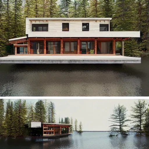 Image similar to wes anderson style modern house near the lake